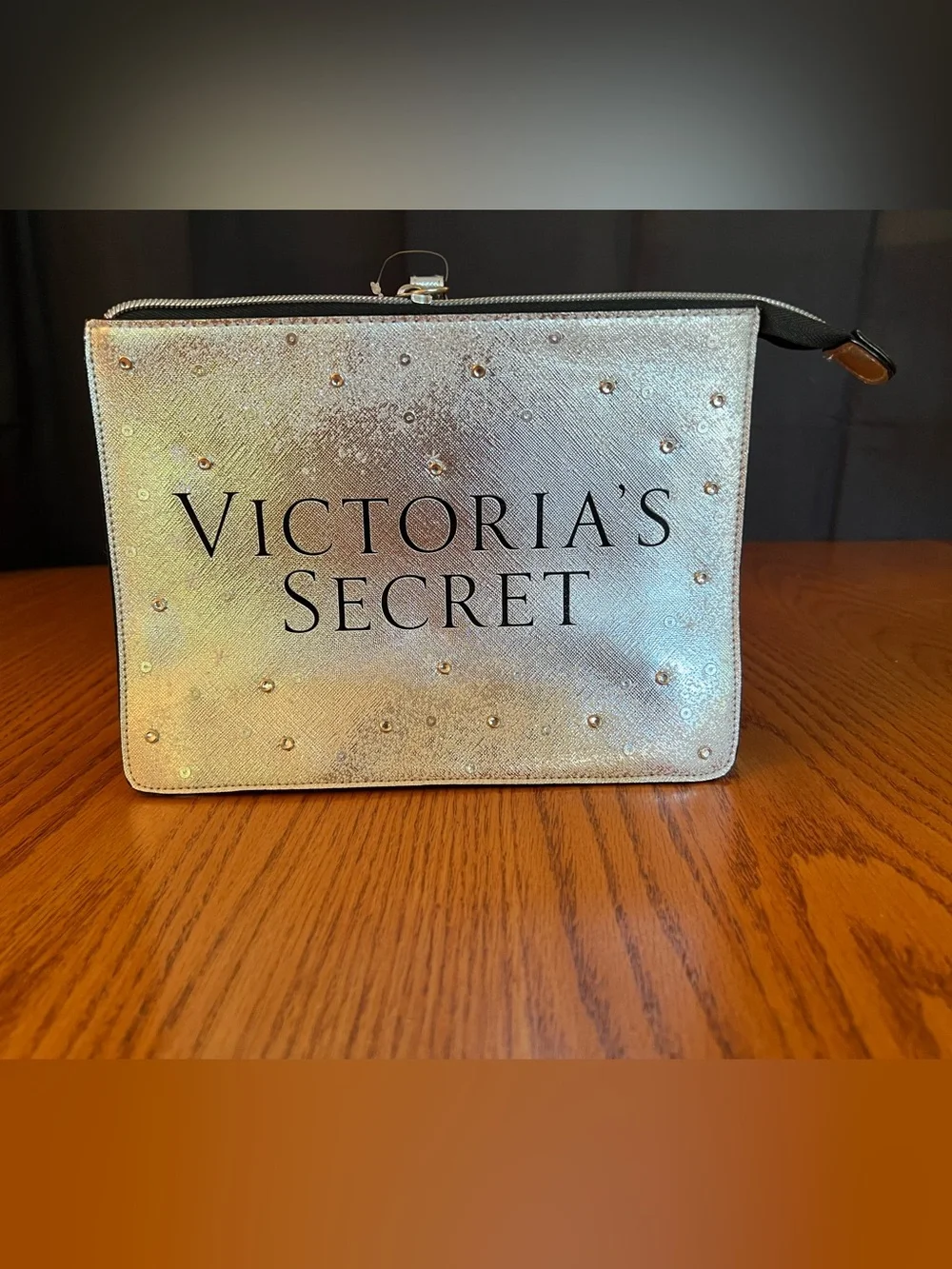 Victoria's Secret Iridescent Silver Cosmetic Pouch with Stud Accents